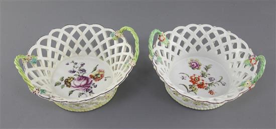 Two Derby circular baskets, c.1757-9, w. 17cm and 18cm, faults